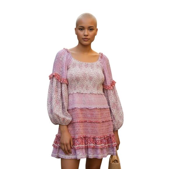 LoveShackFancy Dresses & Skirts - LOVE SHACK FANCY Women's Ensley Floral Print Smocked Mini Dress Pink Size Medium